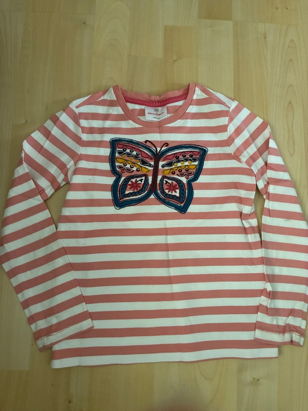 Hanna Andersson Pink & White Striped Long-Sleeve Top with Embroidered Butterfly